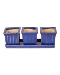 BLUE SQUARE CERAMIC SMALL PLANTER SET OF 3